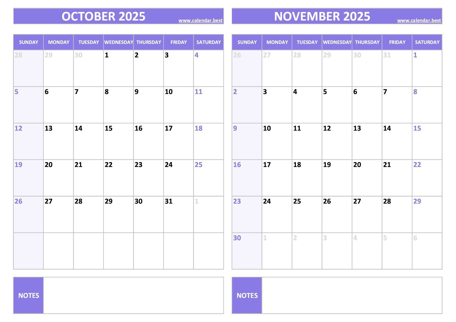 Printable October And November 2025 Calendar Free PDF JPG Downloads