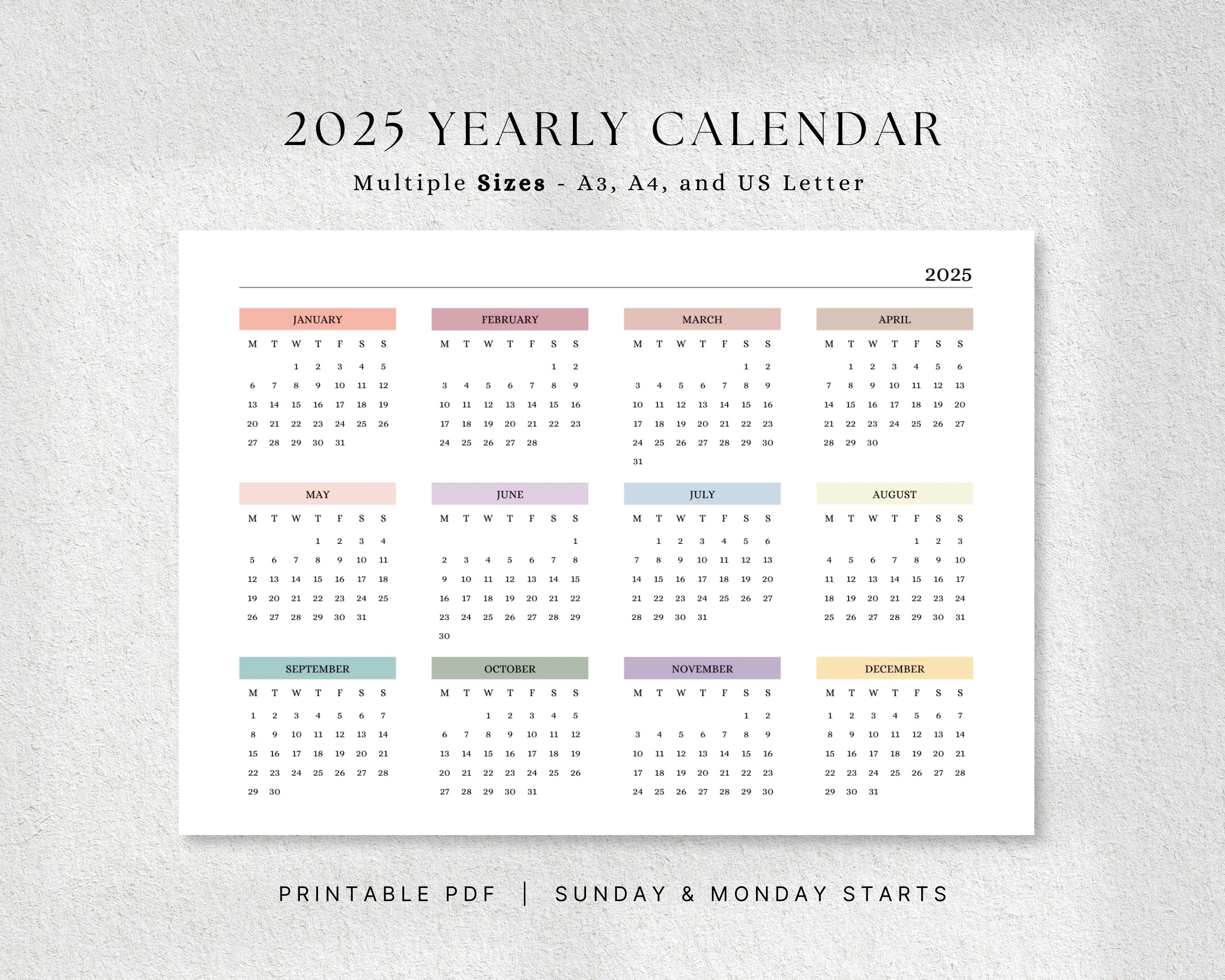Printable Yearly 2025 Calendar Landscape 2025 Year At A Glance Calendar A4 A3 Letter Colorful Yearly Calendar Yearly Wall Calendar Etsy