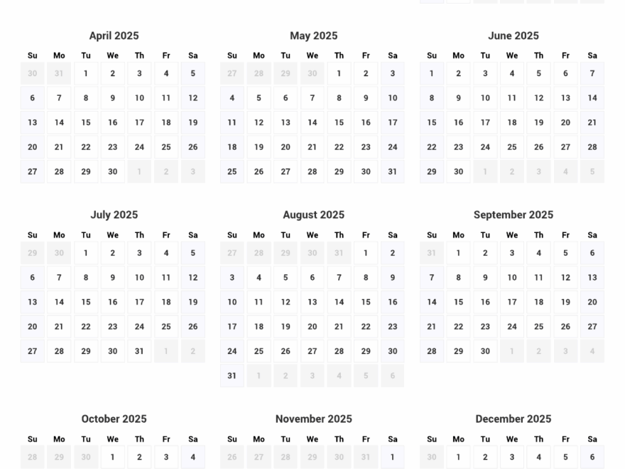 Printable Yearly Calendar 2025 Full Year At A Glance Custom Calendar Maker
