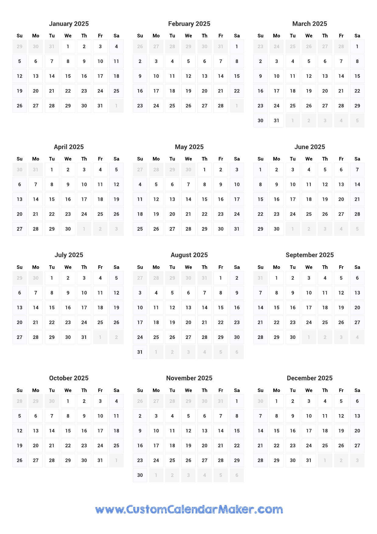 Printable Yearly Calendar 2025 Full Year At A Glance Custom Calendar Maker