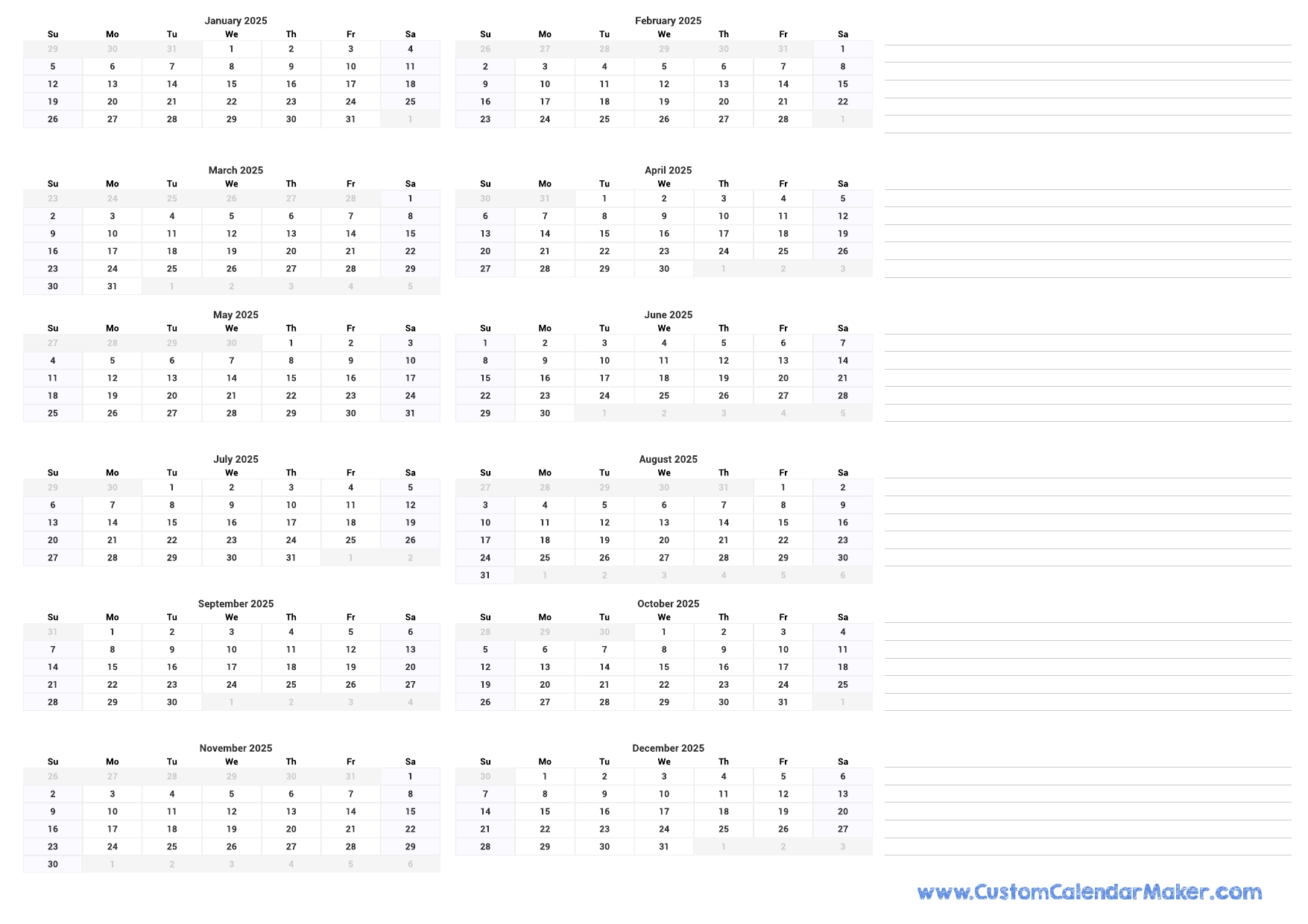 Printable Yearly Calendar 2025 Full Year At A Glance Custom Calendar Maker