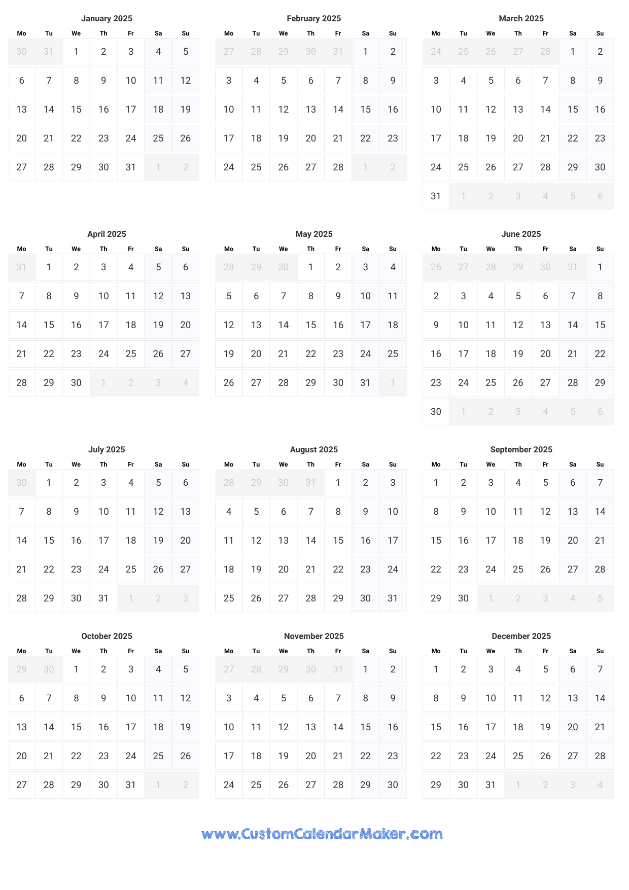 Printable Yearly Calendar 2025 Full Year At A Glance Custom Calendar Maker