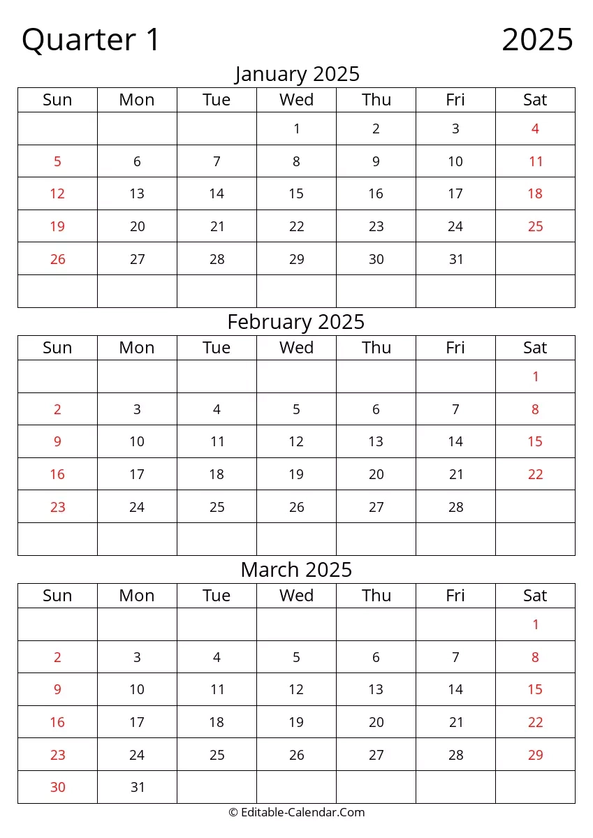 Quarter 1 Of 2025 Editable Calendar In Excel Word PDF