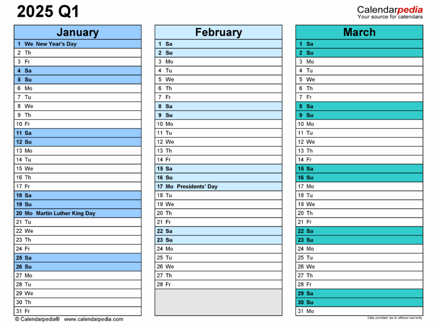 Quarterly Calendars 2025 Free Printable PDF Templates