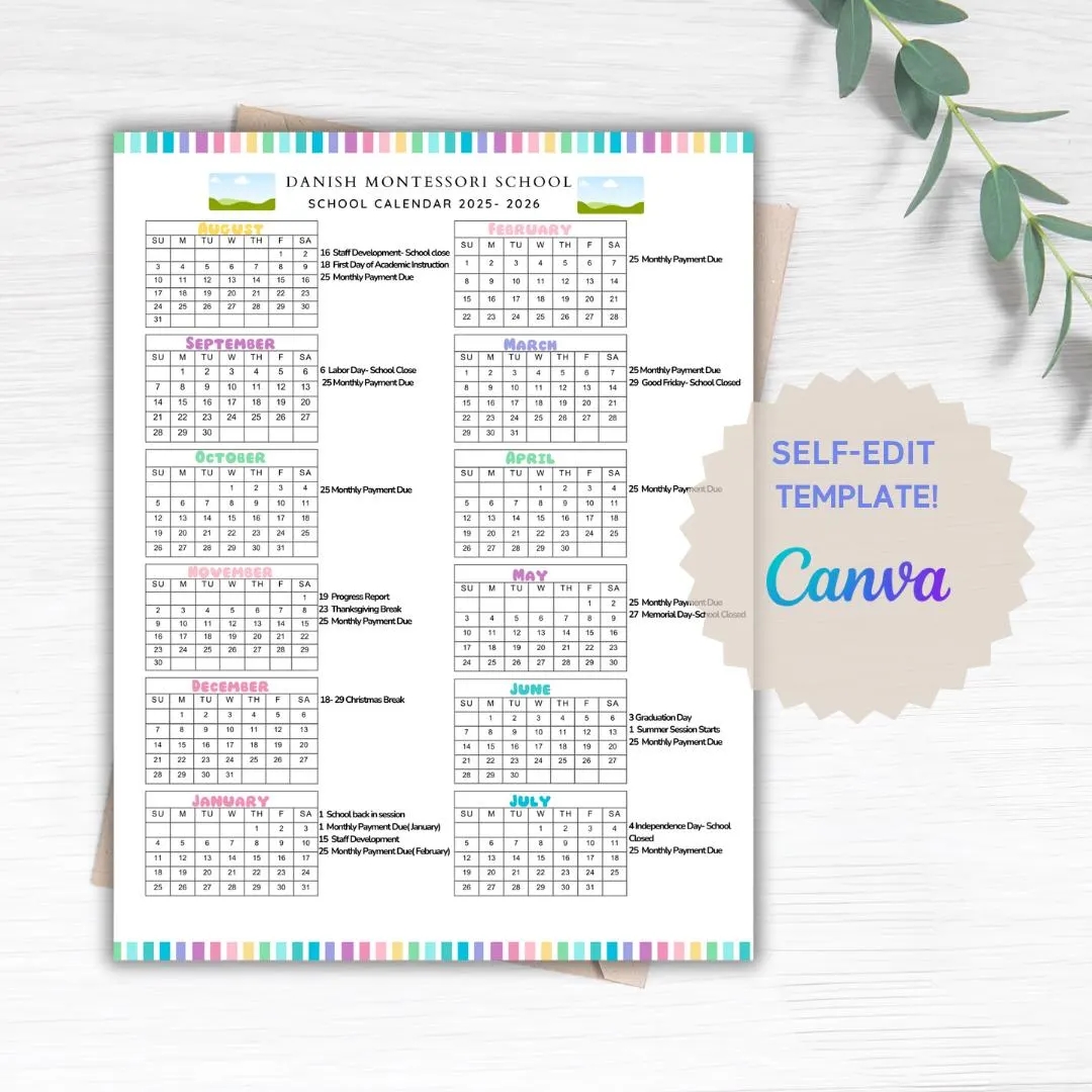 School Calendar 2025 2026 Perfect For Preschool Daycare Or Childcare Center EDITABLE Etsy