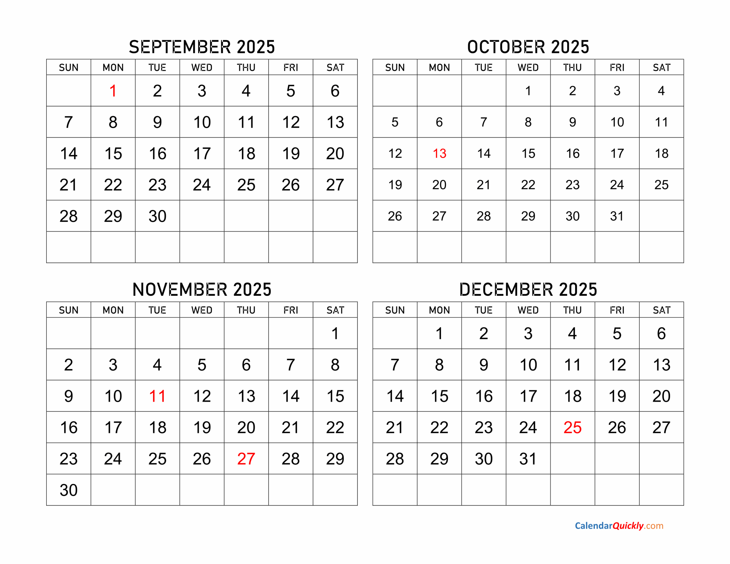 October November December 2025 Calendar
