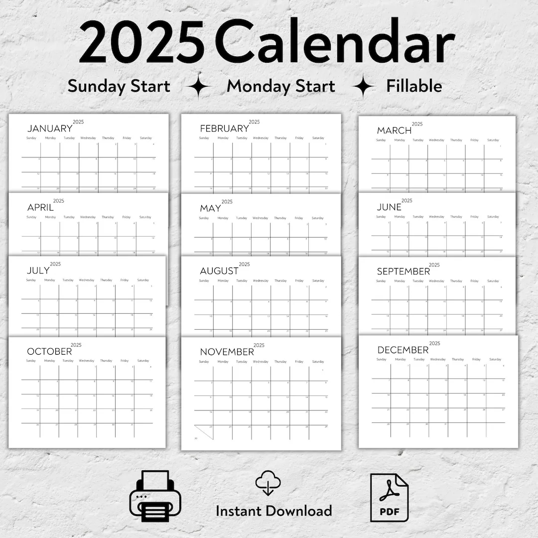 Simple 2025 Calendar Printable 2025 Monthly Planner Portrait Sunday Monday Start 2025 Elegant Monthly Calendar Wall Calendar 2025 Etsy
