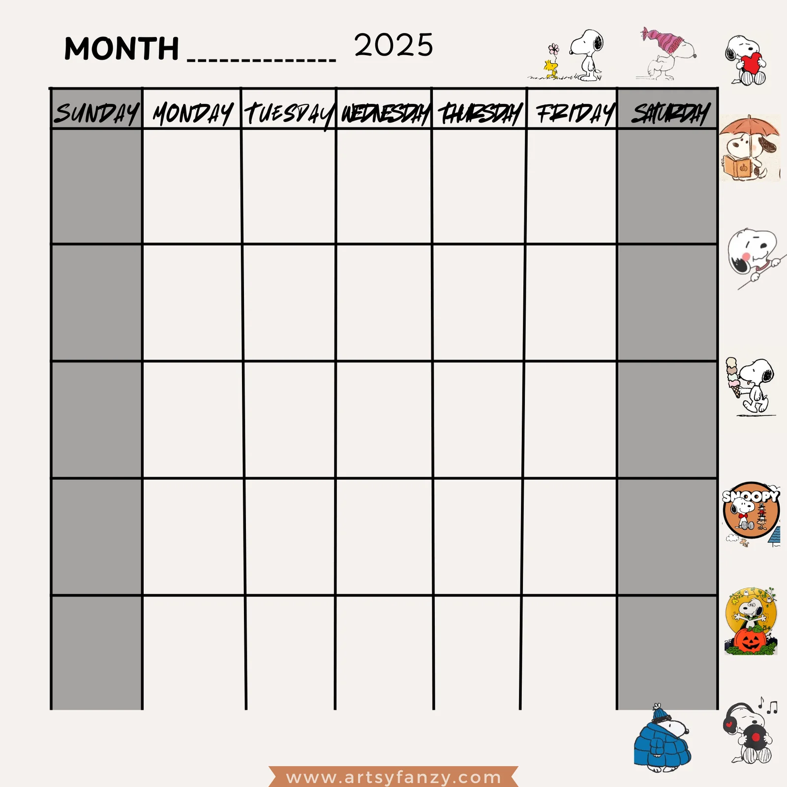 Snoopy Calendar 2025 Printable Artsy Fanzy Shop