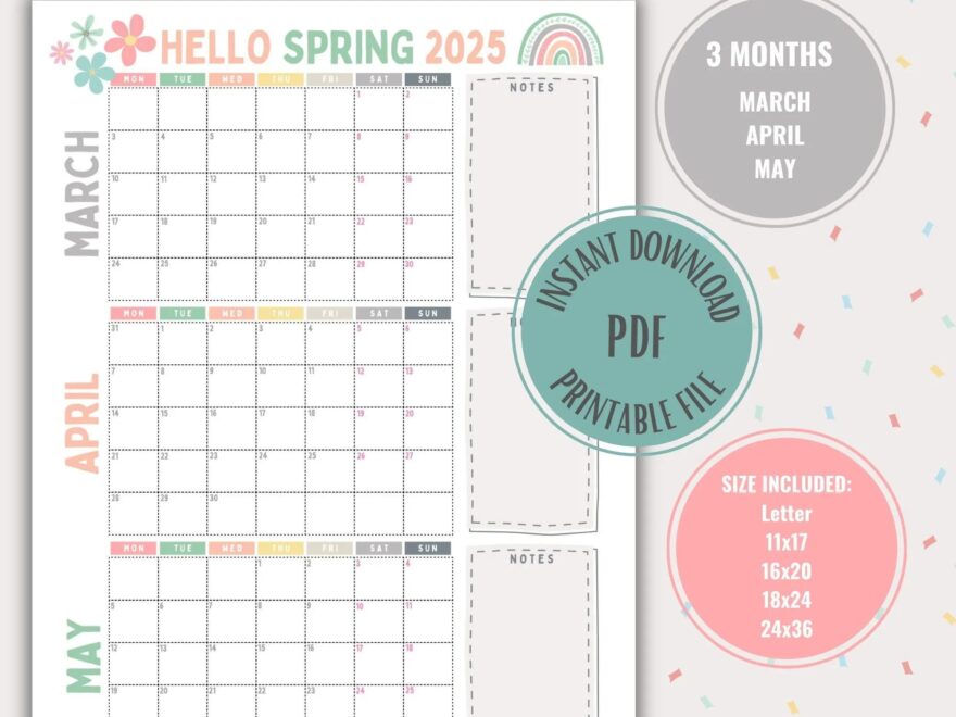 Spring Calendar Large Planner Digital Spring Planner Printable Digital Download Family Planner Large Spring Calendar Digital Planner For Kid Etsy