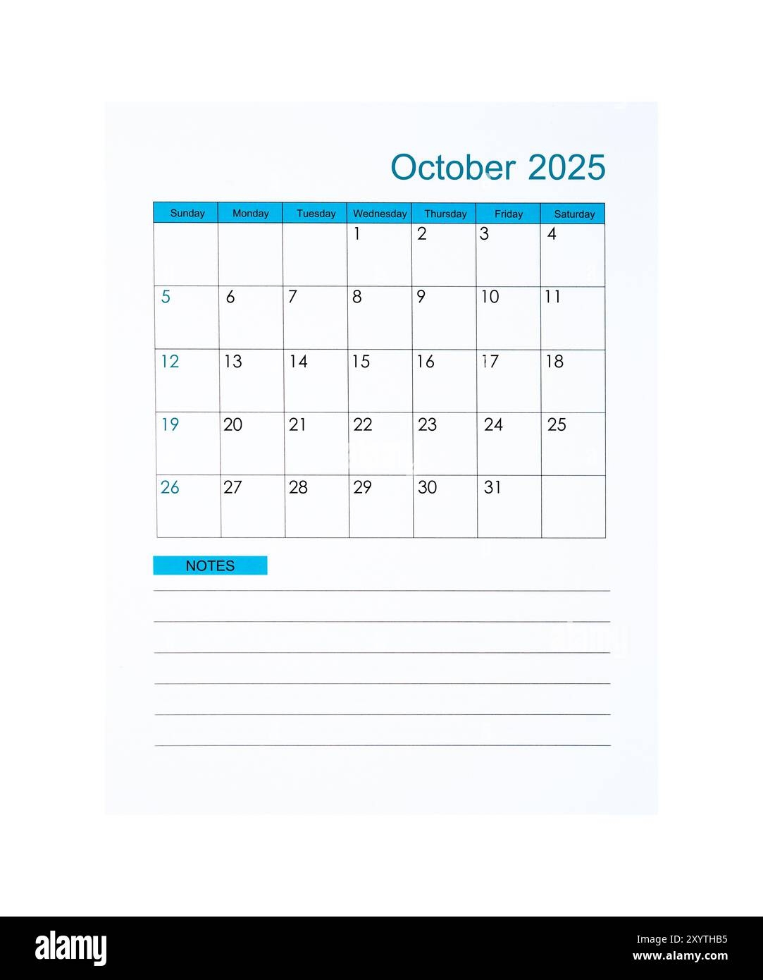 Blank Monthly Calendar Portrait October 2025