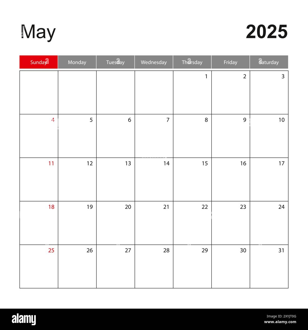 Wall Calendar Template For May 2025 Holiday And Event Planner Week Starts On Sunday Vector Template Stock Vector Image Art Alamy