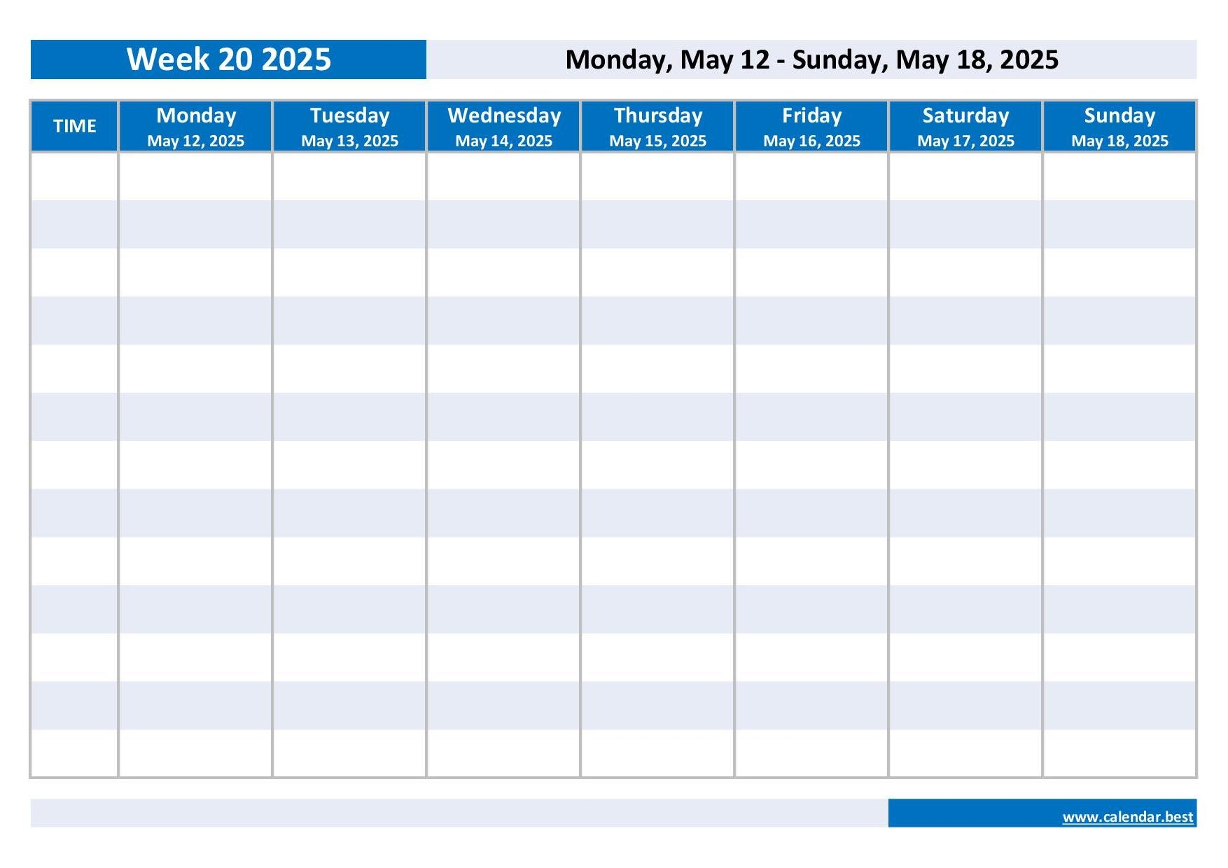 Week 20 2025 Dates Calendar And Weekly Schedule To Print