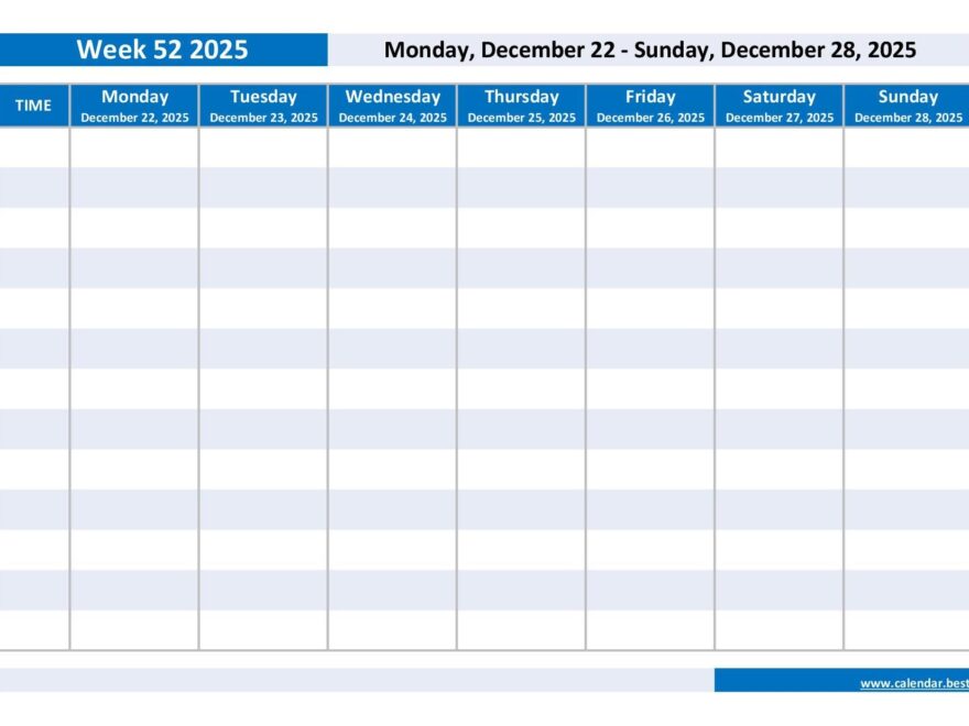 Week 52 2025 Dates Calendar And Weekly Schedule To Print
