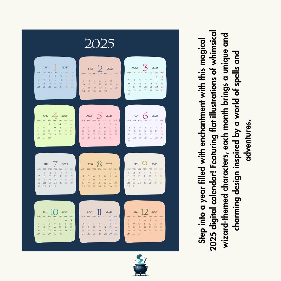 Wizard themed 2025 Calendar Flat Illustrations digital Download Etsy