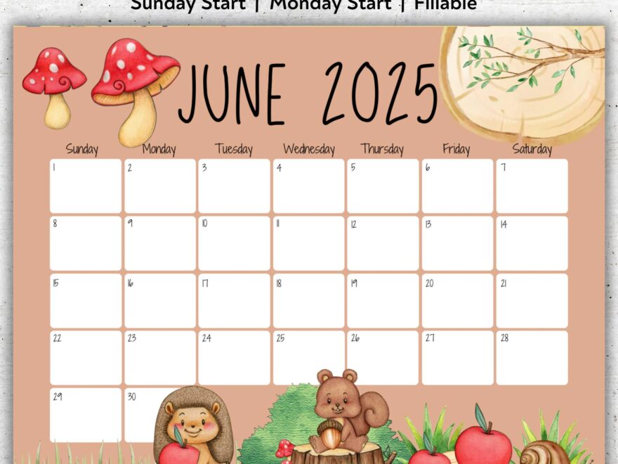 Woodland themed June 2025 Calendar Printable Monthly Planner US Letter Fillable PDF Sunday And Monday Start Options Kid School Calendar Etsy