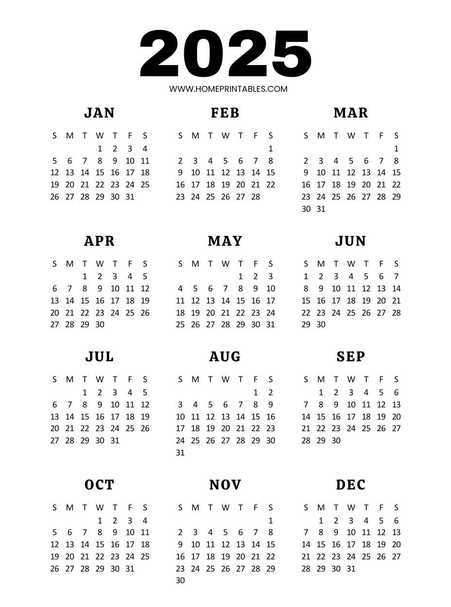 Yearly Calendar 2025 On One Page 40 Best Free Templates 