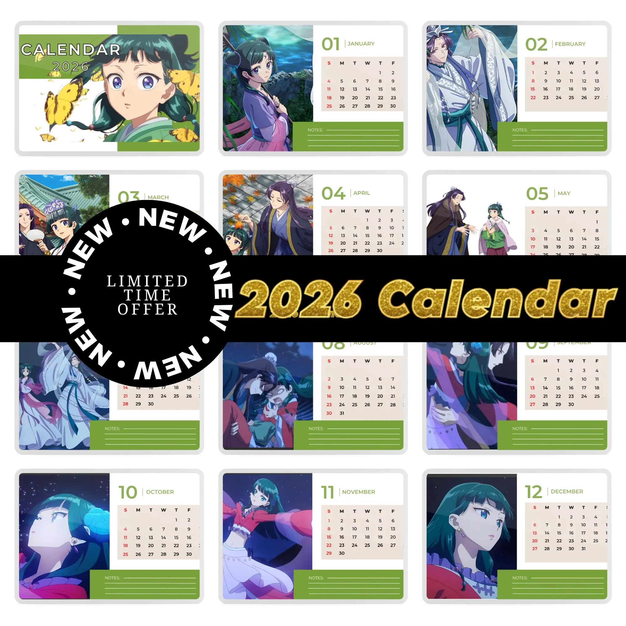 2026 Anime Calendar PDF Instant Download Cute Illustrated Printable Wall Calendar For Business Resell Or Personal Use A4 Size Landscape Etsy