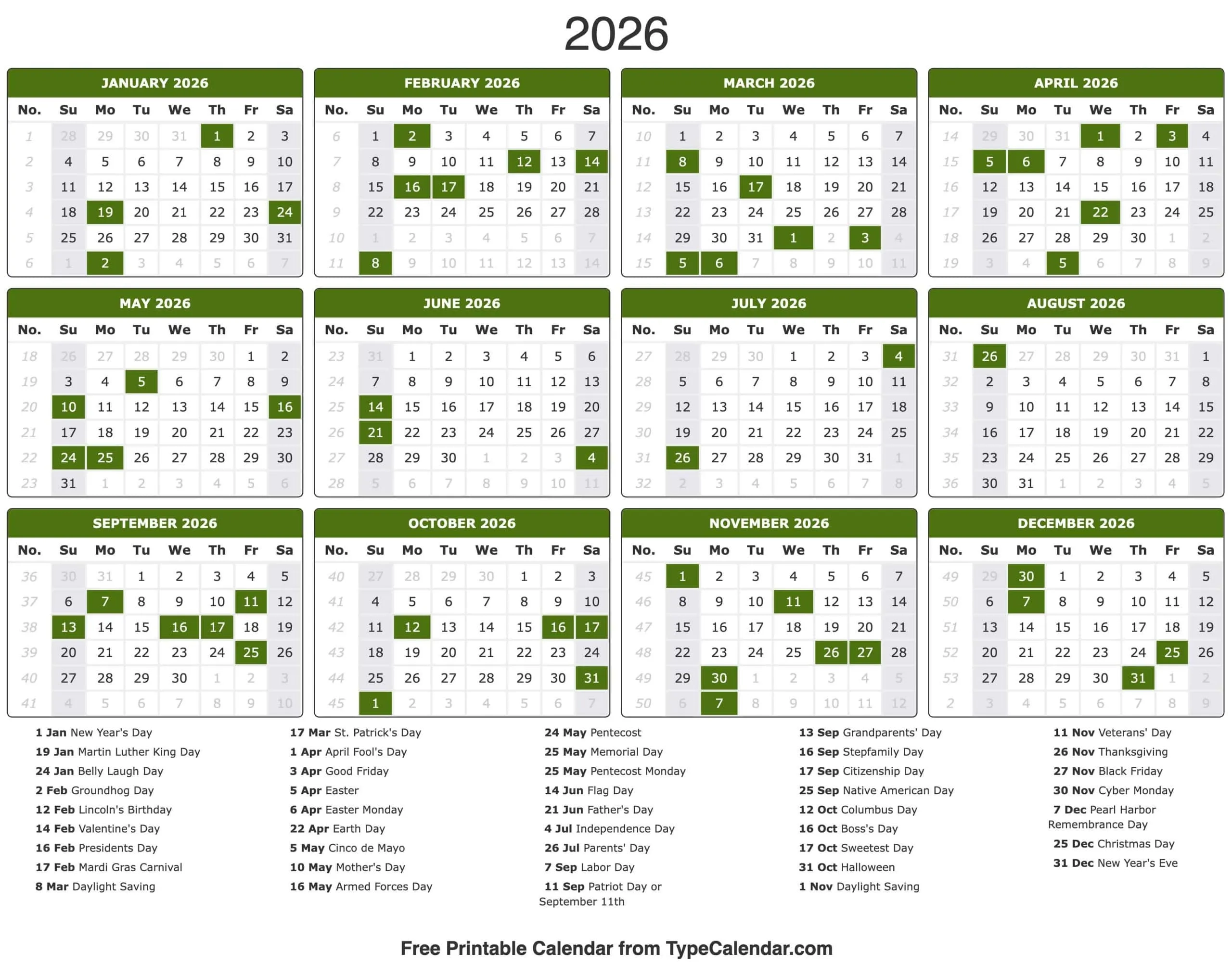 January 2026 Calendar With Important Dates