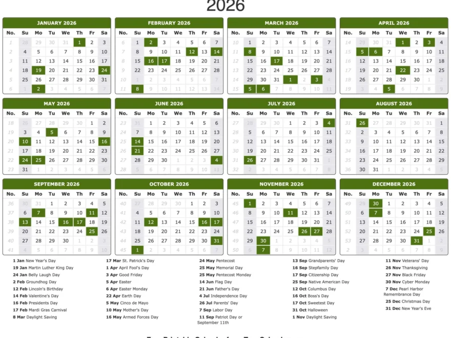 2026 Calendar Free Printable Calendar With Holidays