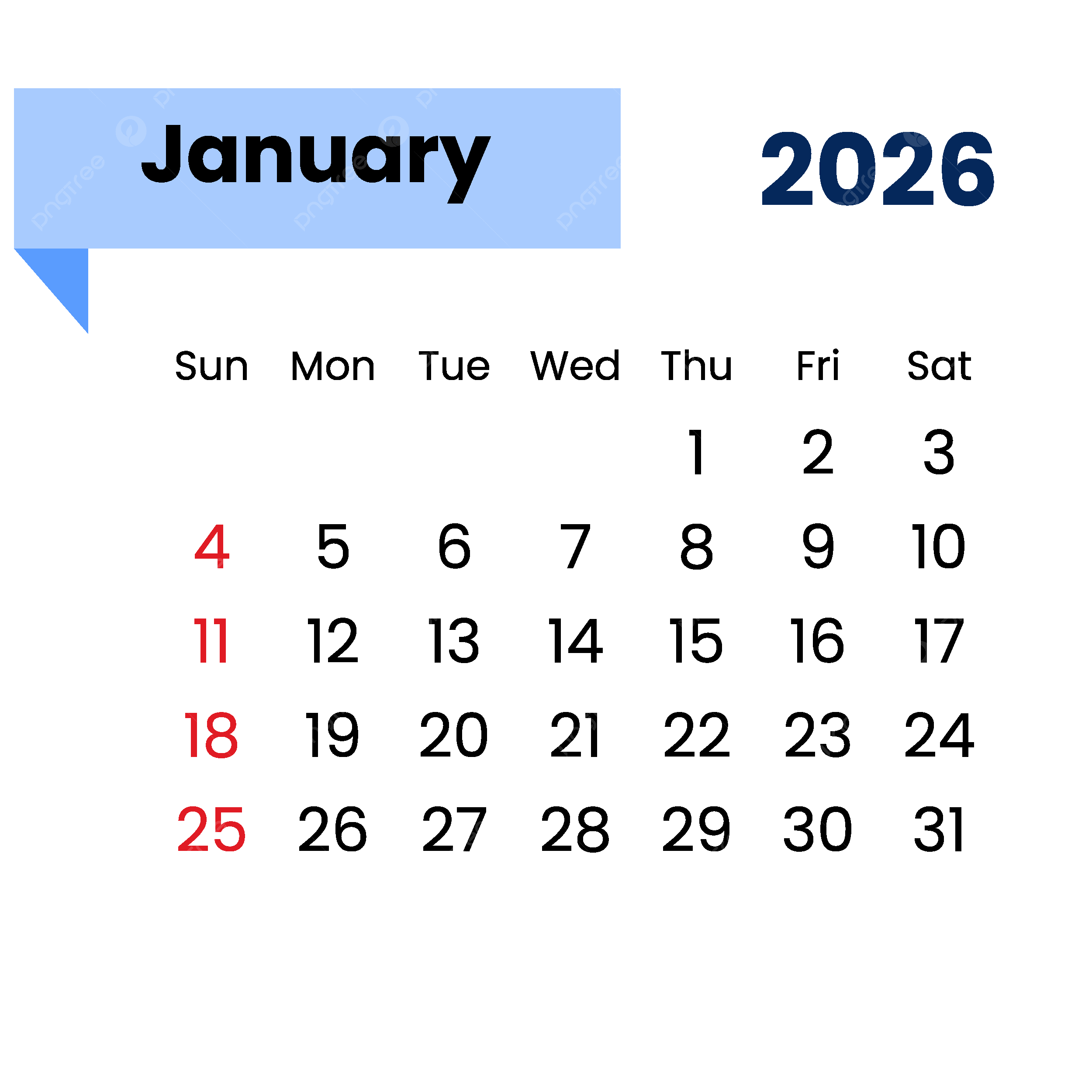 January 2026 Calendar No Background