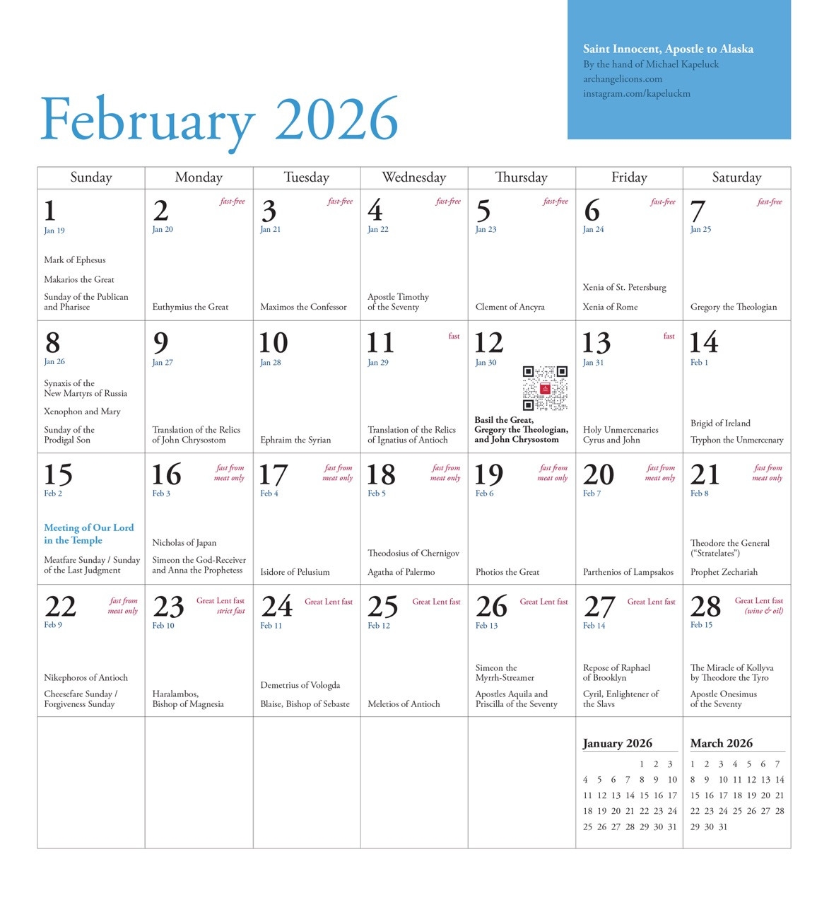 2026 Icon Calendar Saints Of North America Julian Version Old Calendar 