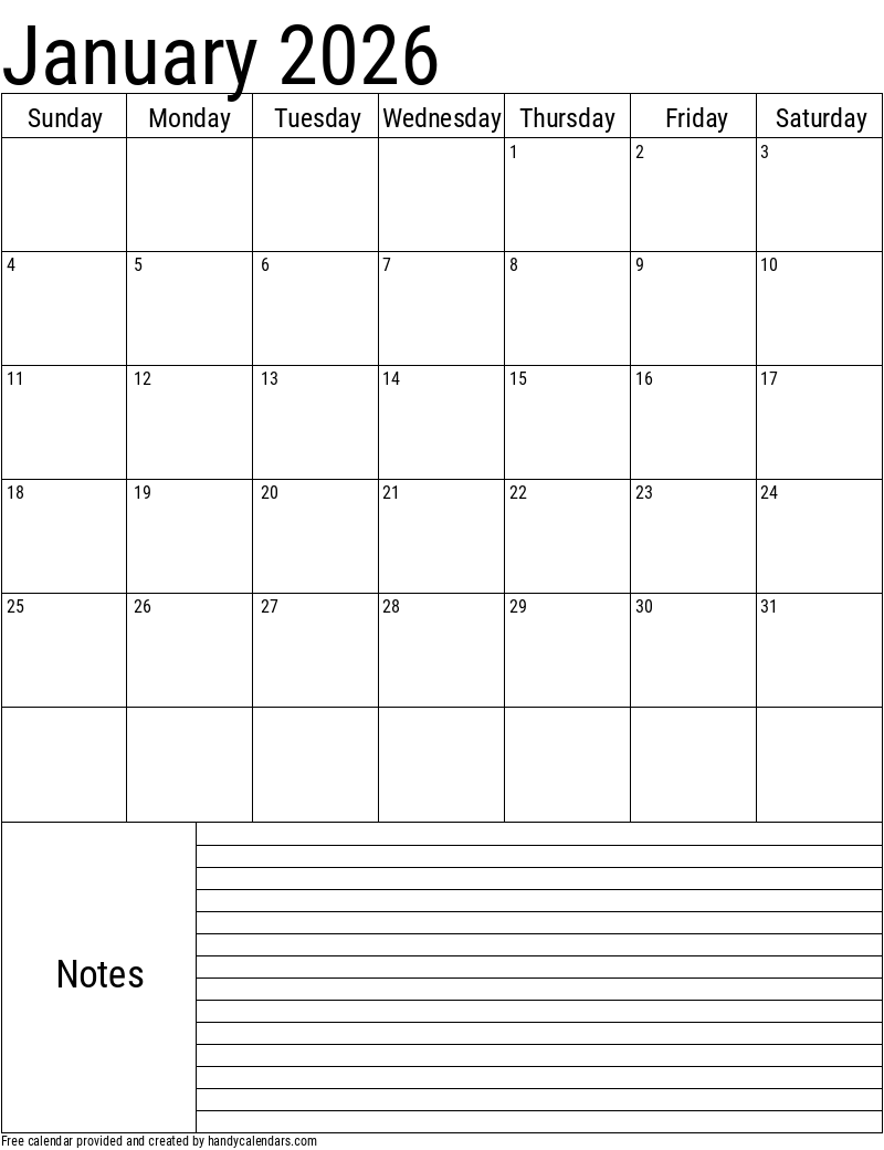 January Blank Calendar 2026 Printable