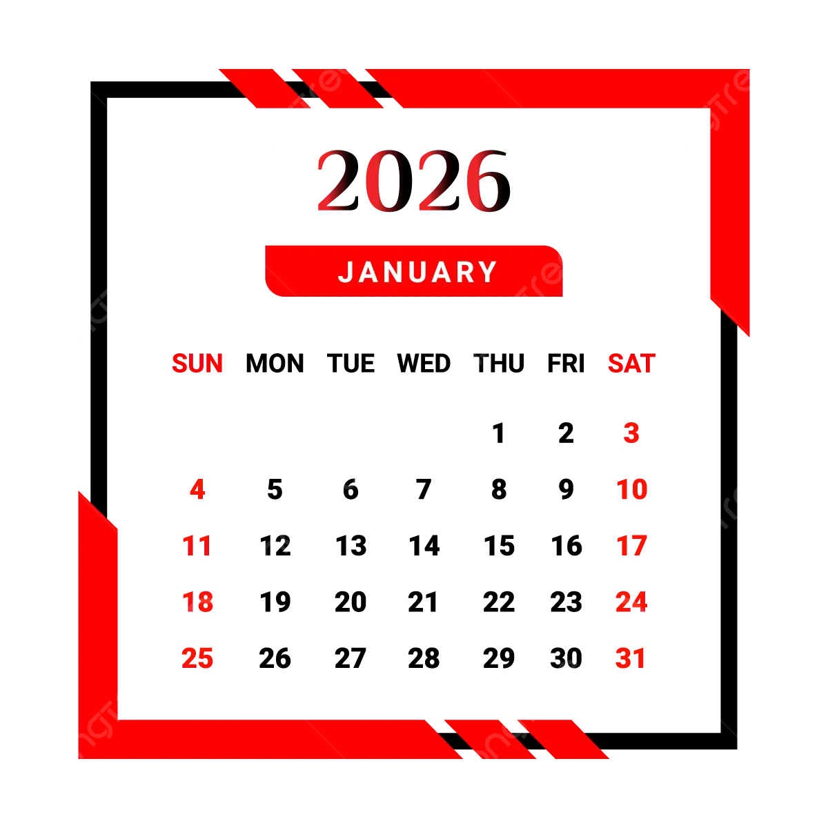 2026 January Month Calendar With Red And Black Unique Style Vector Monthly Calendar Calendar January 2026 PNG And Vector With Transparent Background For Free Download 2026 January Month Calendar With Red And Black Unique Style Vector Monthly Calendar Calendar January 2026 PNG And Vector With Transparent Background For Free Download