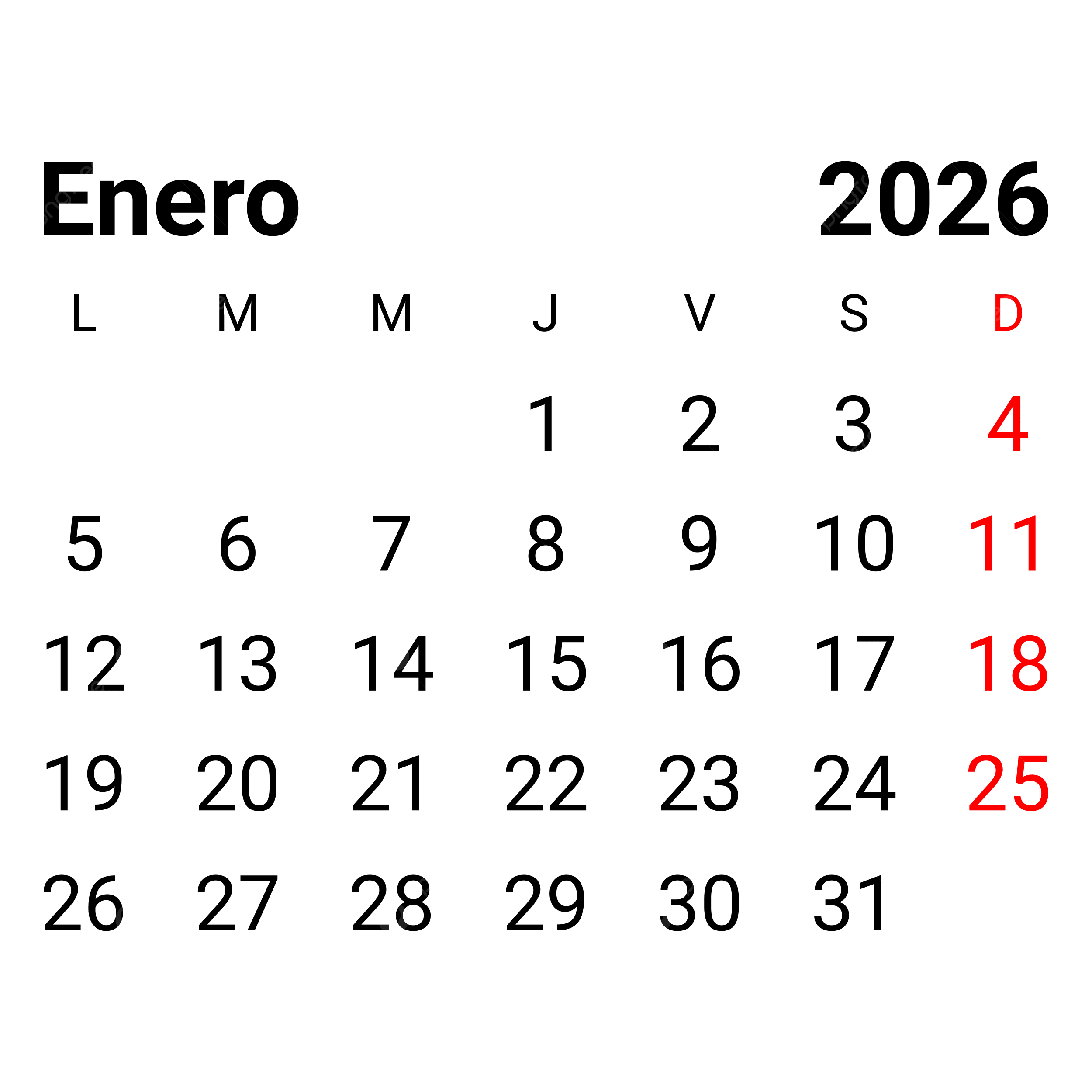 2026 January Monthly Spanish Calendar Vector 2026 January Monthly Spanish Calendar 2026 January Calendar PNG And Vector With Transparent Background For Free Download