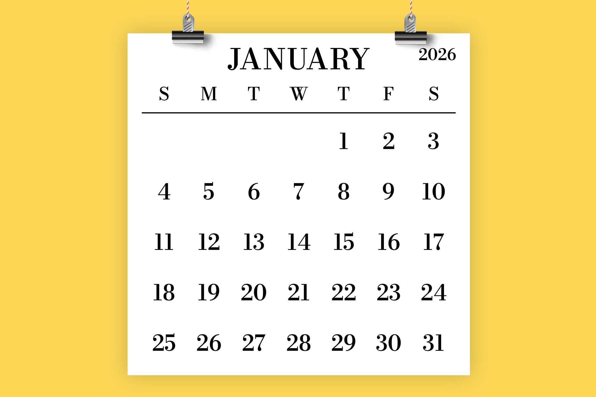 Calendar January 2026 Big Number