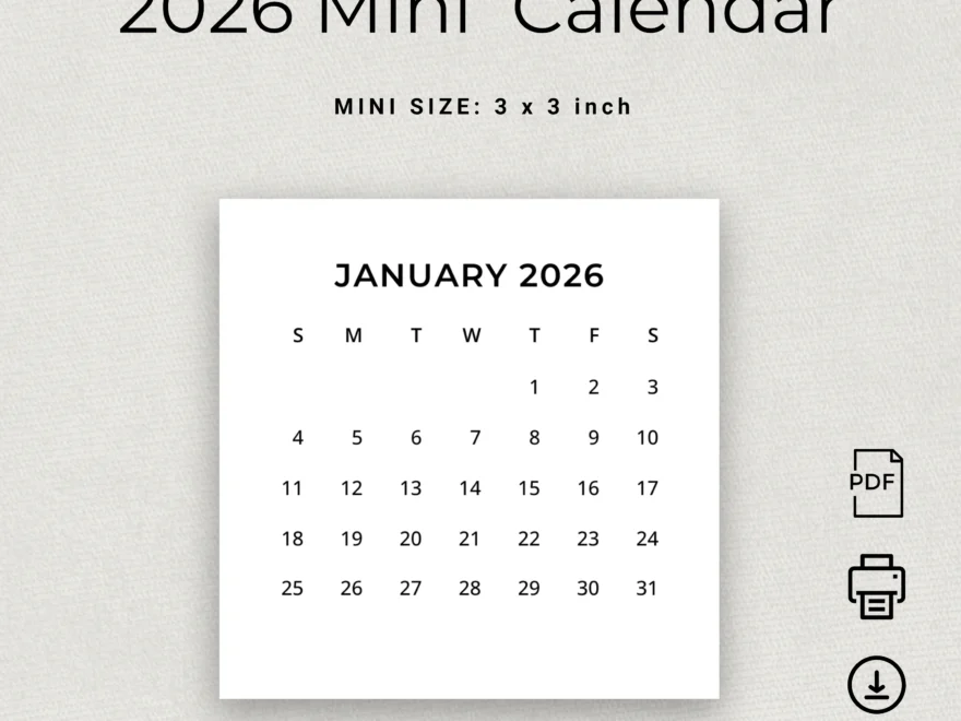 2026 Mini Calendar 2026 Small Calendar Printable 2026 Minimalist Calendar 3x3 Inch Square Calendar 2026 Pocket Calendar Desk Calendar DIY Etsy