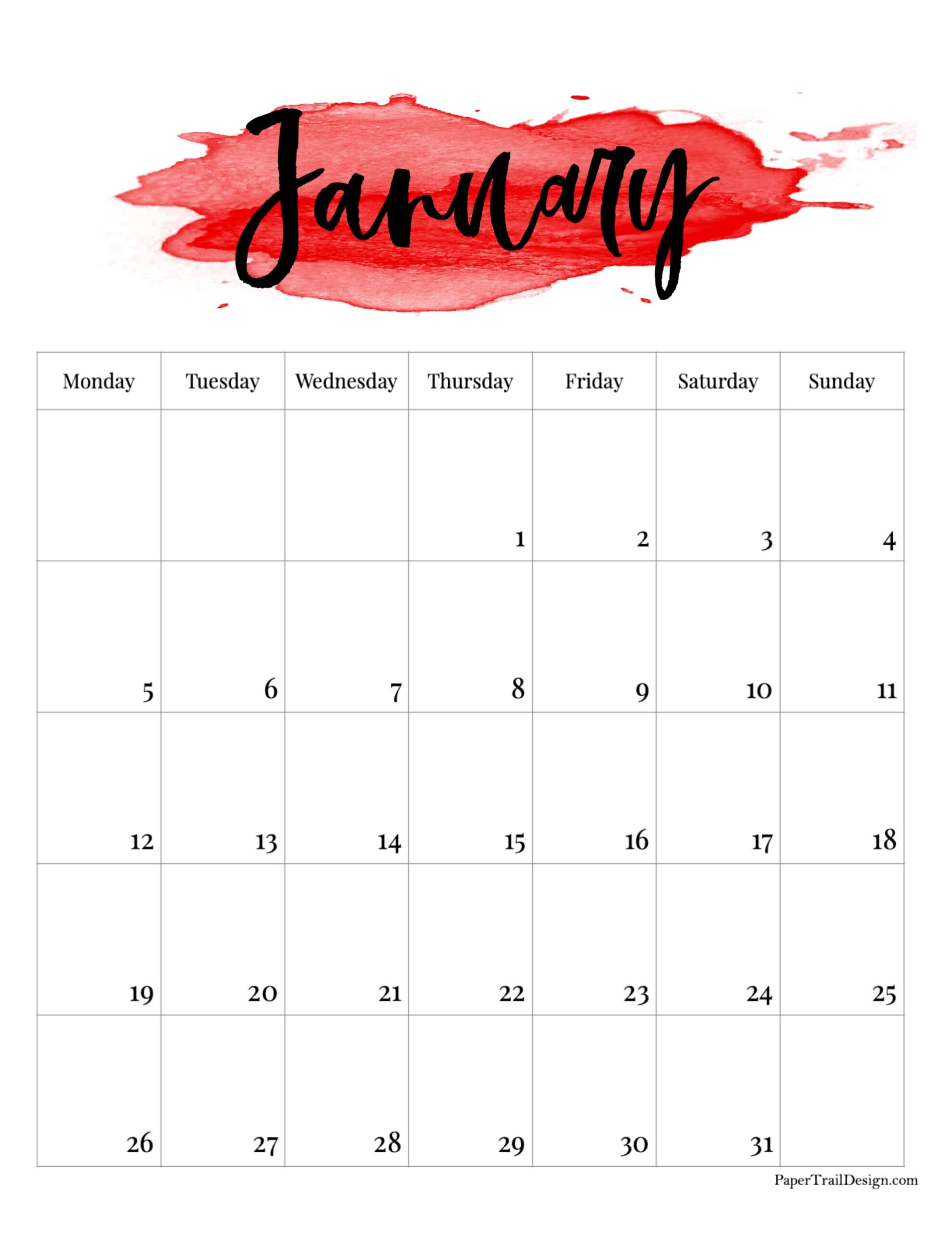 2026 Monday Start Watercolor Calendar Paper Trail Design