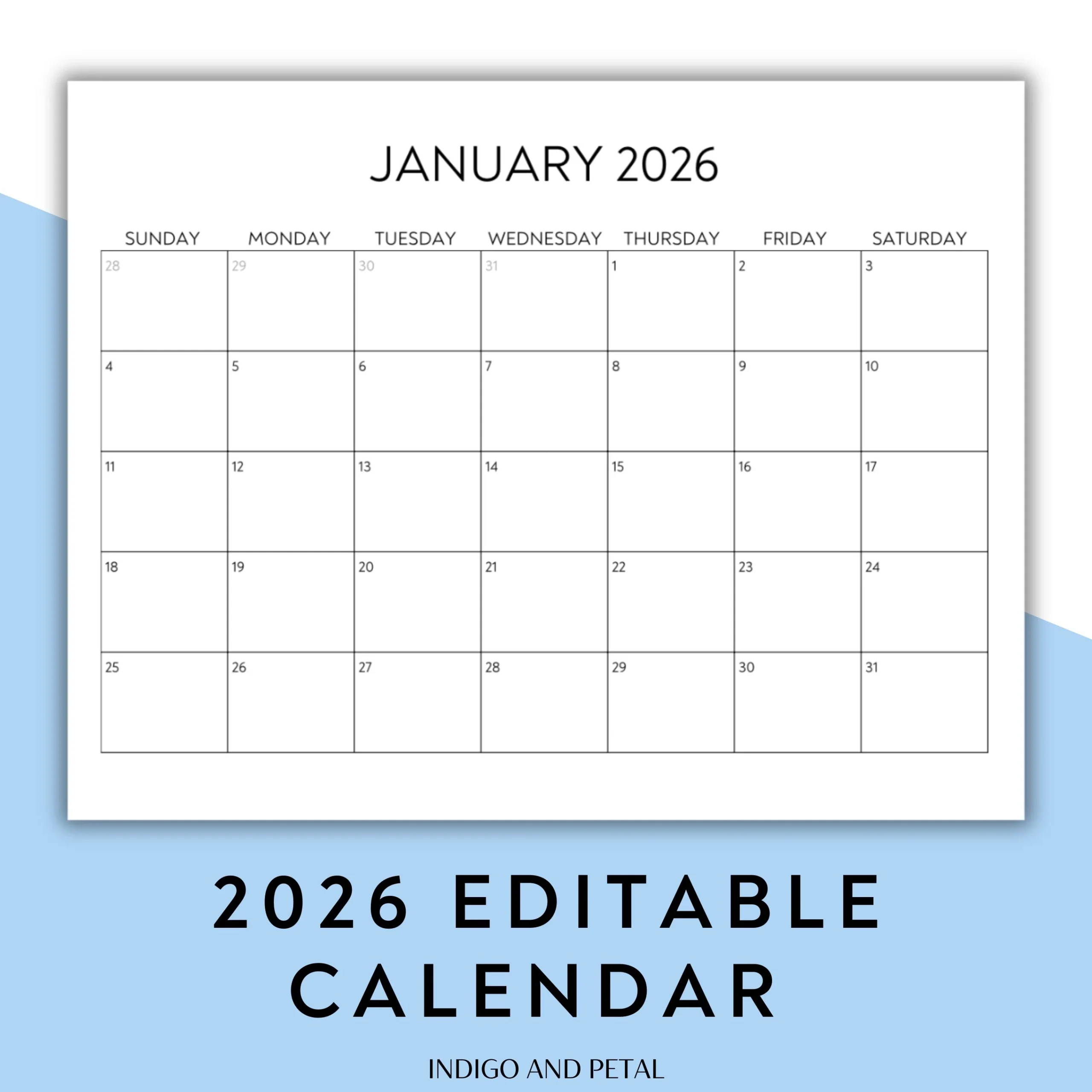 2026 Monthly Calendar Editable Calendar Calendar Template Blank Calendar Printable PDF Minimal Digital Download Editable PDF Etsy