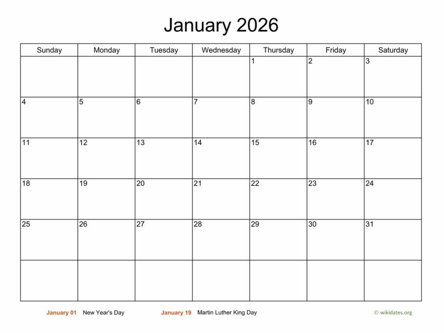 Basic Calendar For January 2026 WikiDates