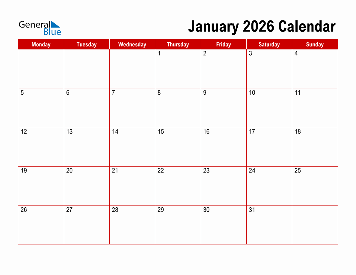 2026 January Calendar Starting Monday