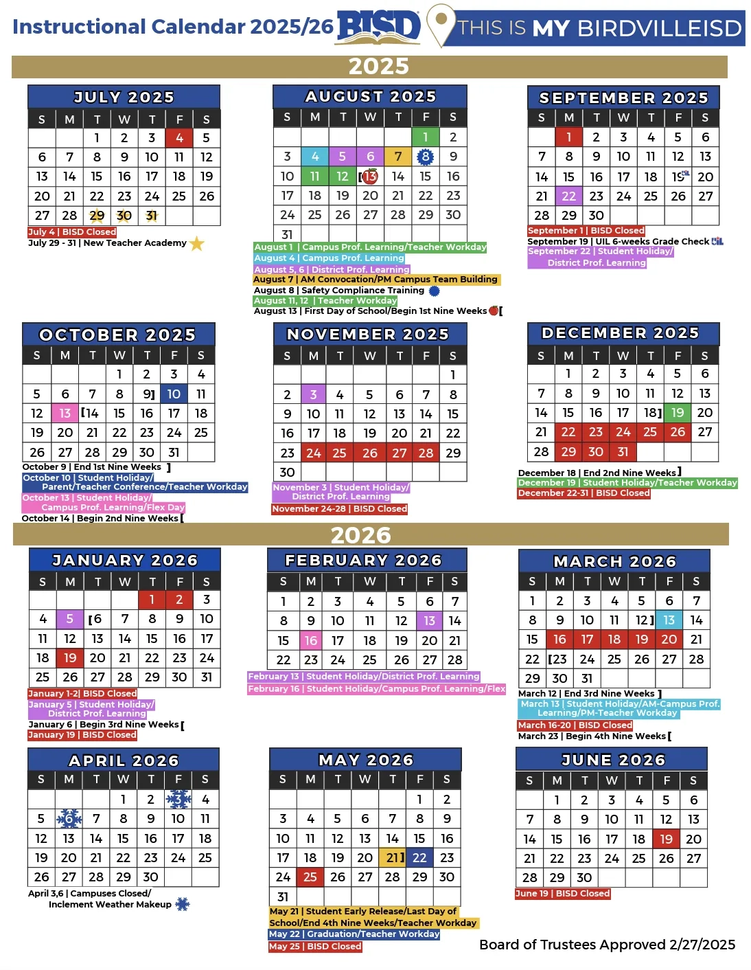 Birdville ISD 2025 2026 Instructional Calendar Northeast News
