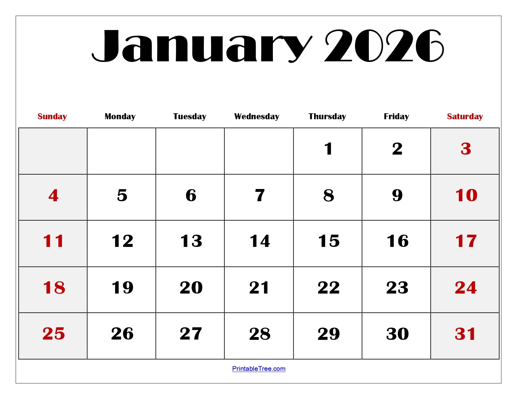 Blank School Calendar January 2026