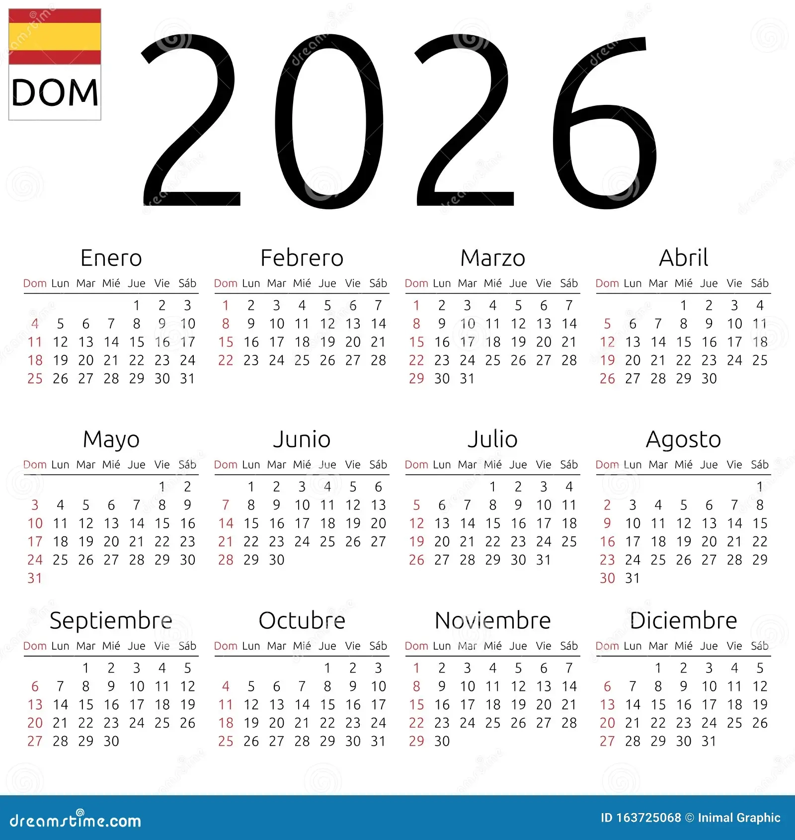 Calendar 2026 Spanish Sunday Stock Vector Illustration Of Business Plain 163725068