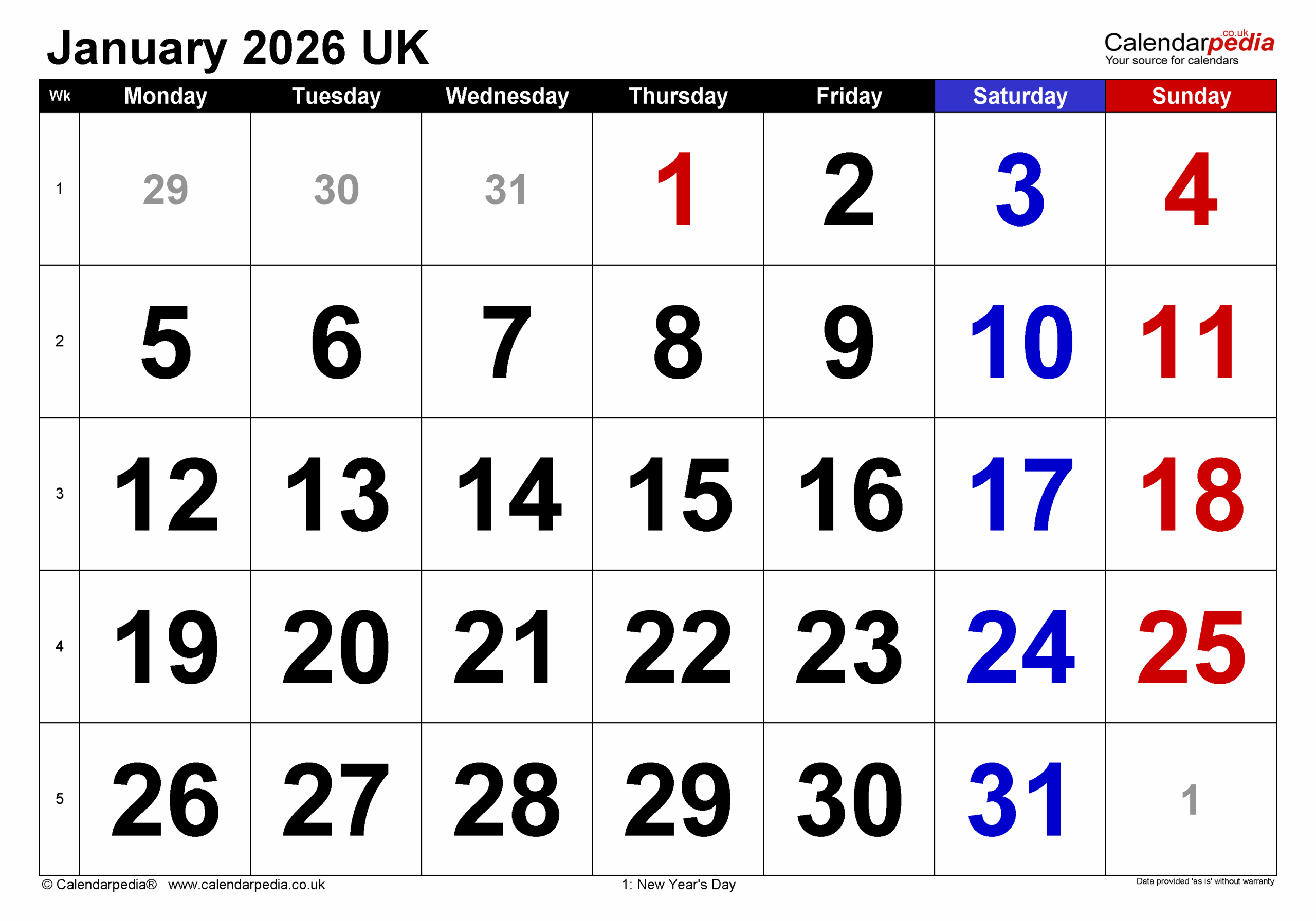 Calendar January 2026 UK With PDF Excel And Word Templates Calendar January 2026 UK With PDF Excel And Word Templates