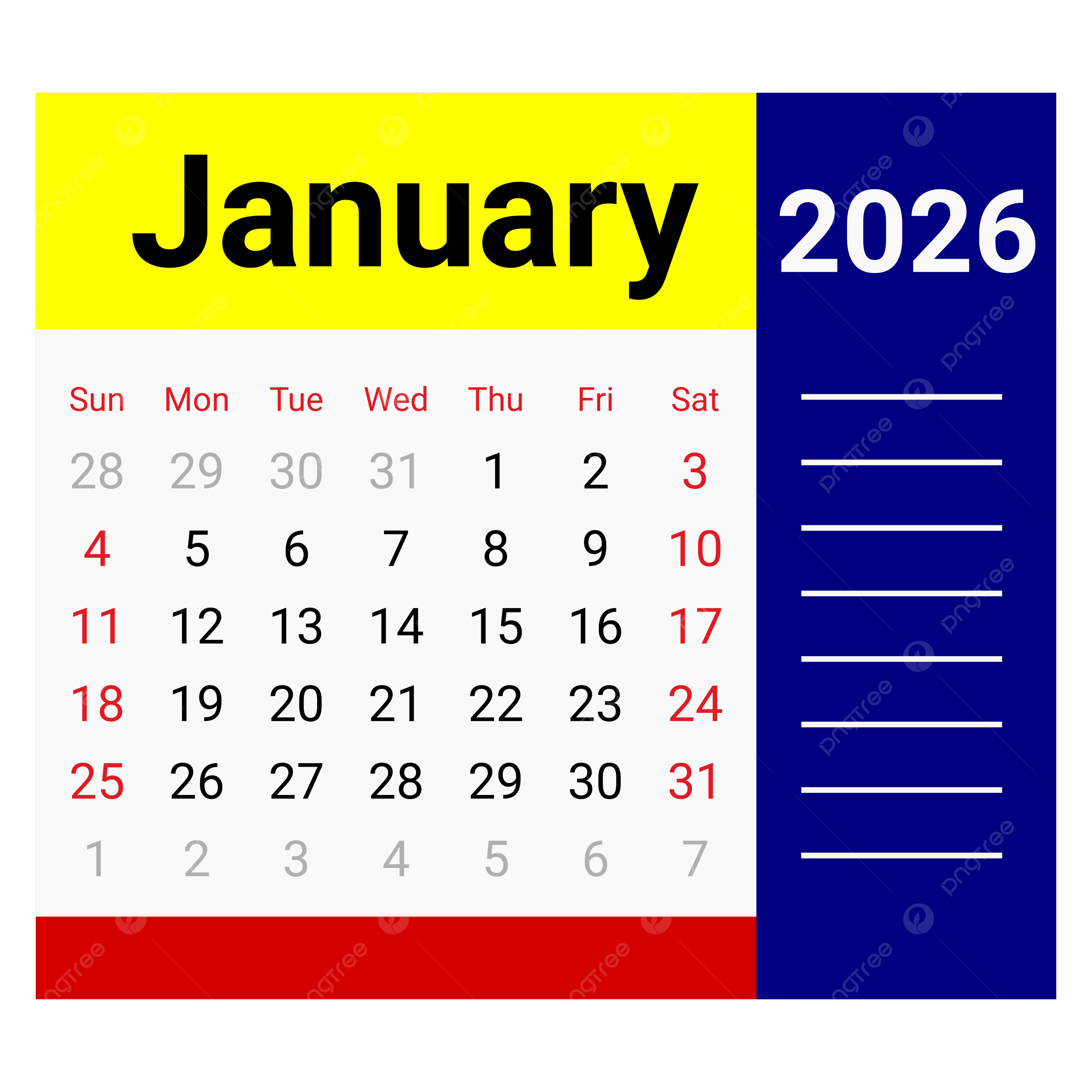 Calendar January 2026 Vector Calendar January 2026 January 2026 Simple Design Calendar PNG And Vector With Transparent Background For Free Download