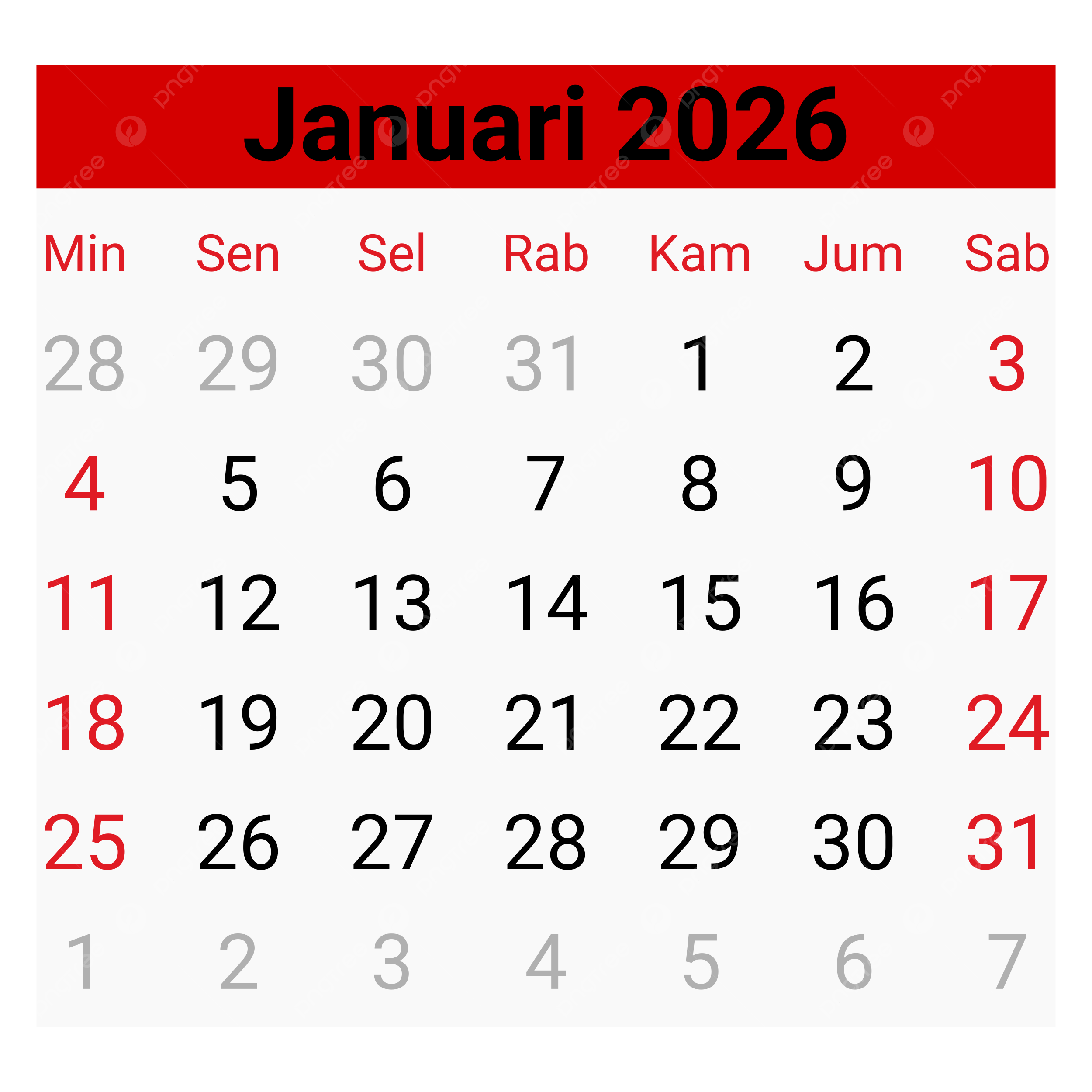 Calendar January 2026 Vector Calendar January 2026 Simple Design Calendar January 2026 PNG And Vector With Transparent Background For Free Download
