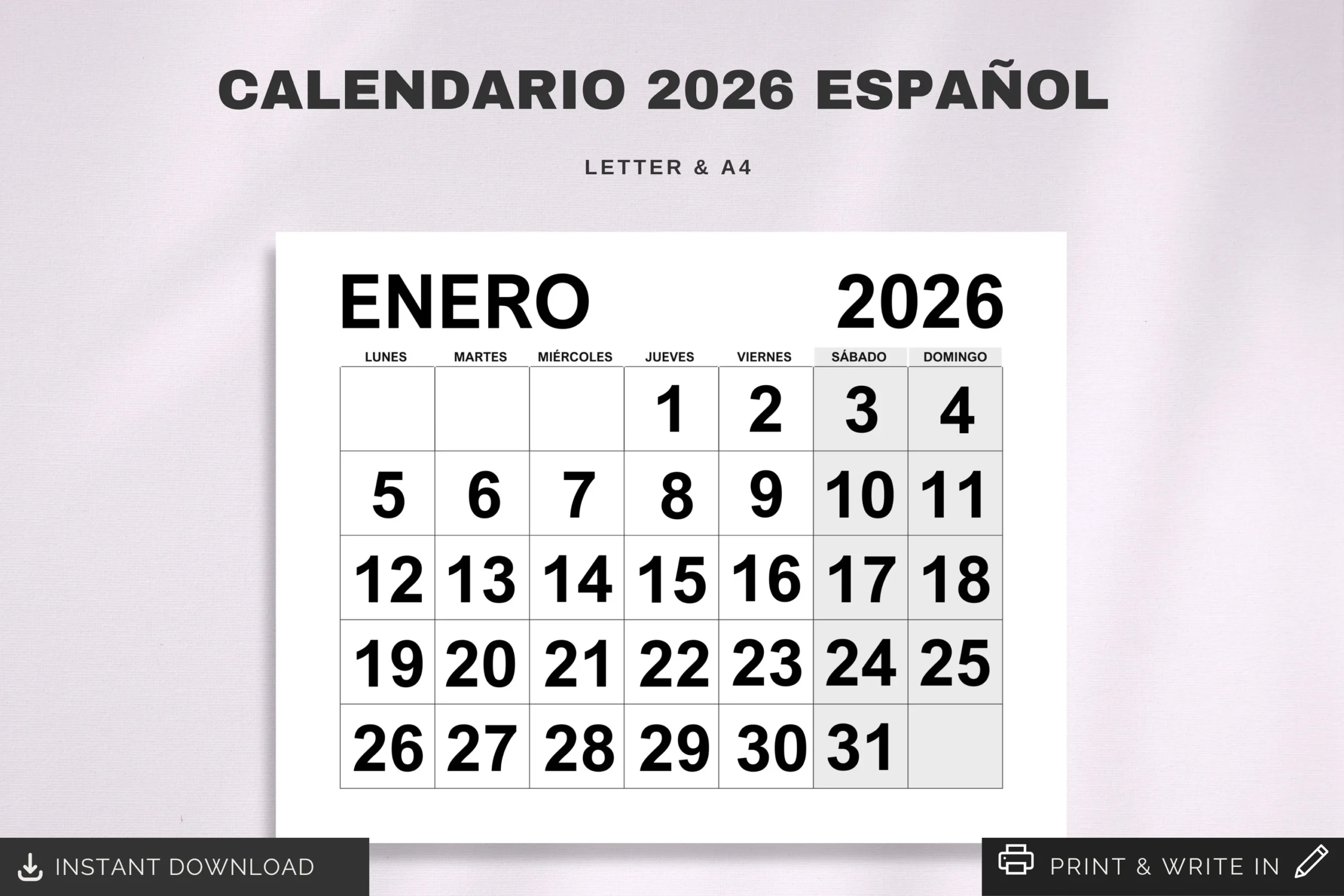 Calendario 2026 En Espa ol Printable 2026 Spanish Calendar Inicio Domingo Y Lunes Letra A4 Calendario Calendario Espa ol Imprimible Etsy
