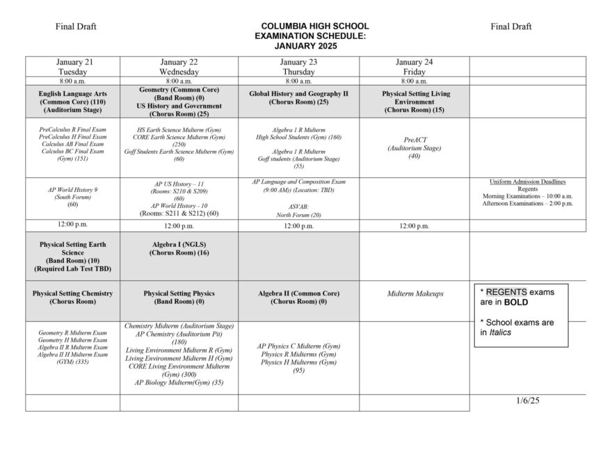 Columbia Regents Exam And Midterm Schedule January 2025 East Greenbush CSD