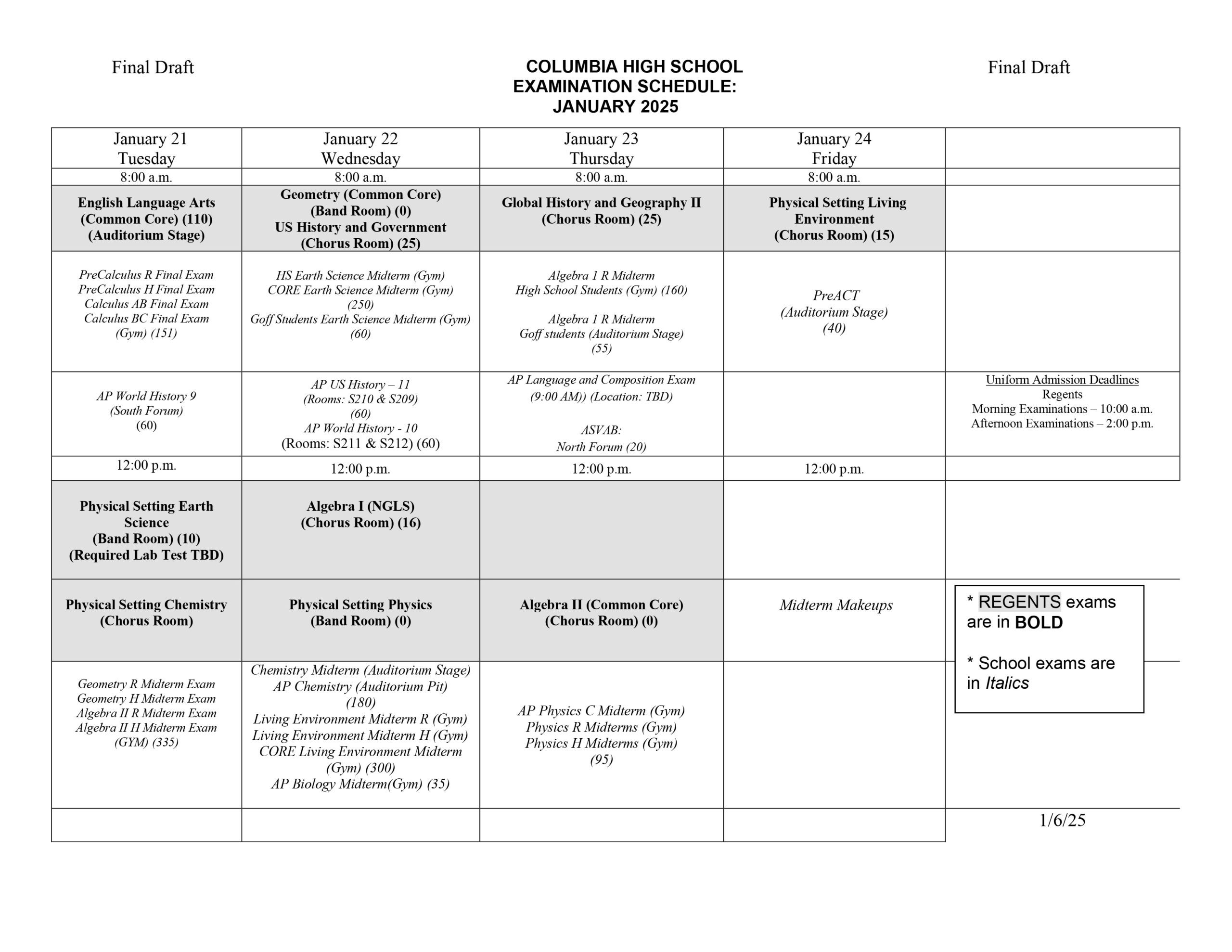 Columbia Regents Exam And Midterm Schedule January 2025 East Greenbush CSD