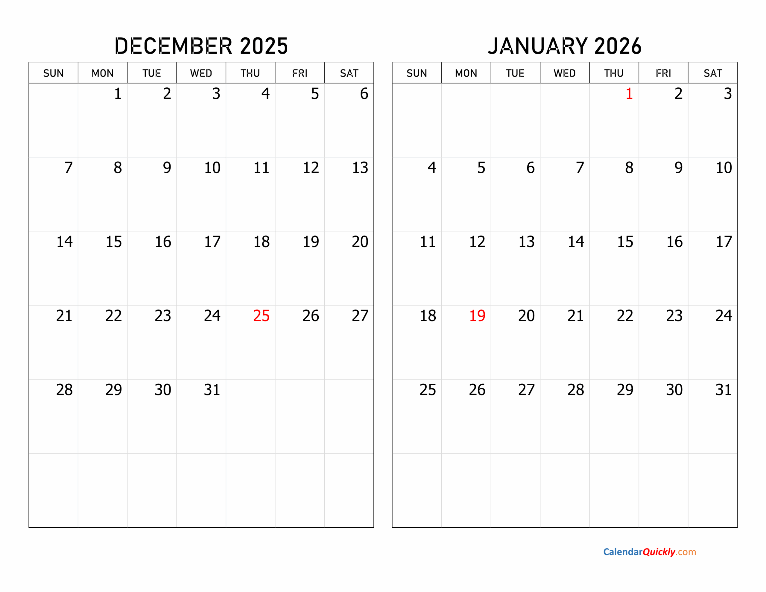 December Calendar January Calendar 2026