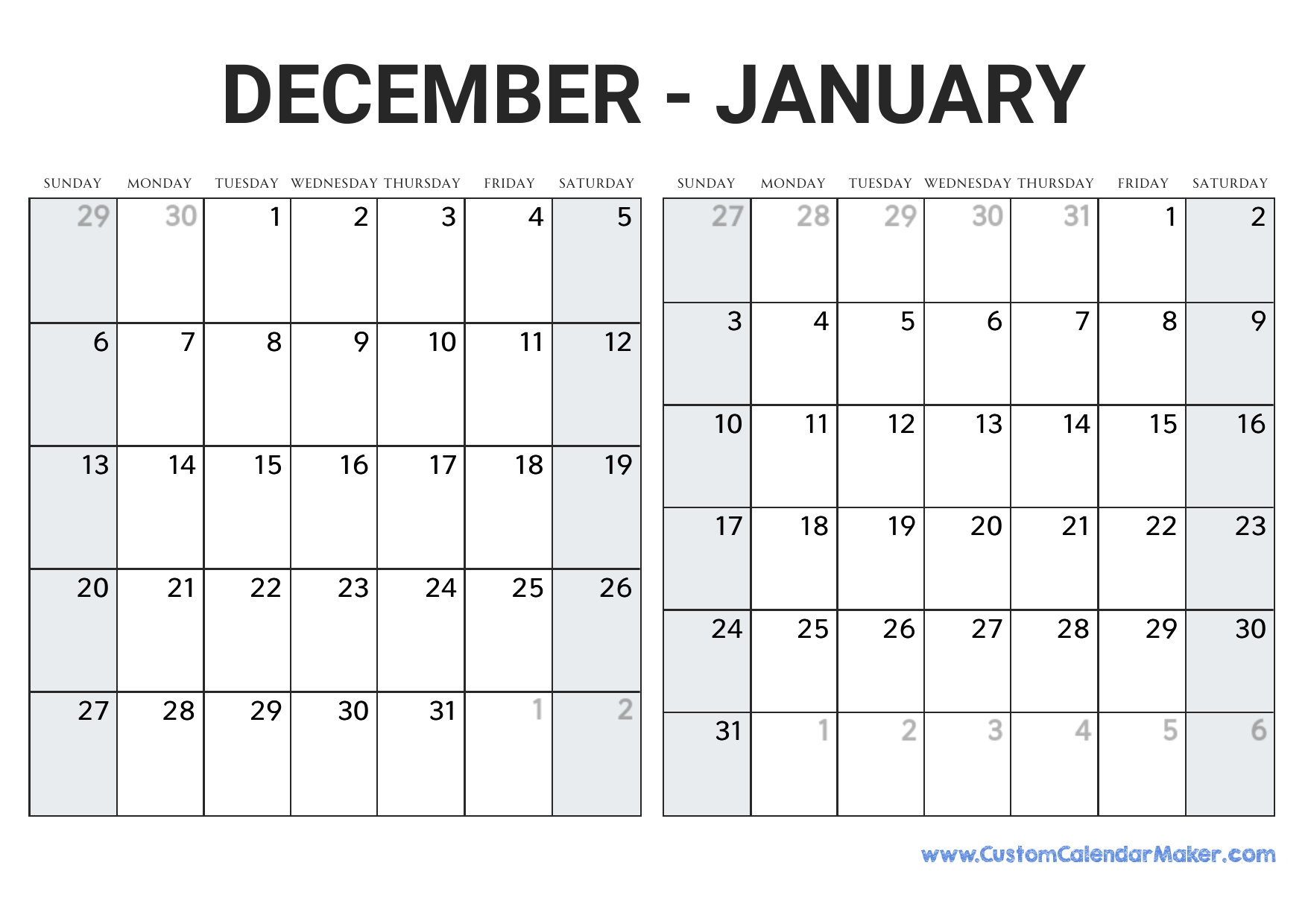 December 2026 And January 2027 Calendar Custom Calendar Maker