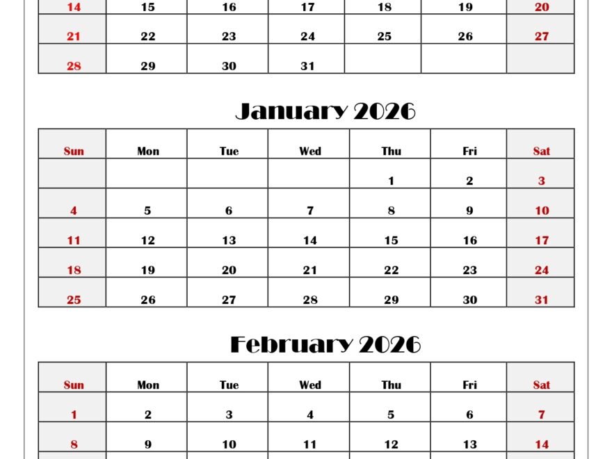 December To February 2026 Calendar Printable PDF Three Months Calendar