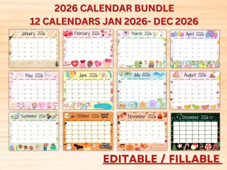 Editable 2026 Calendar Bundle Printable January Calendar 2026 Monthly Calendars For The Whole Year Cute Calendar Fillable Calendars Etsy