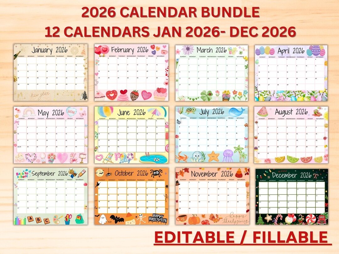 Editable 2026 Calendar Bundle Printable January Calendar 2026 Monthly Calendars For The Whole Year Cute Calendar Fillable Calendars Etsy Editable 2026 Calendar Bundle Printable January Calendar 2026 Monthly Calendars For The Whole Year Cute Calendar Fillable Calendars Etsy