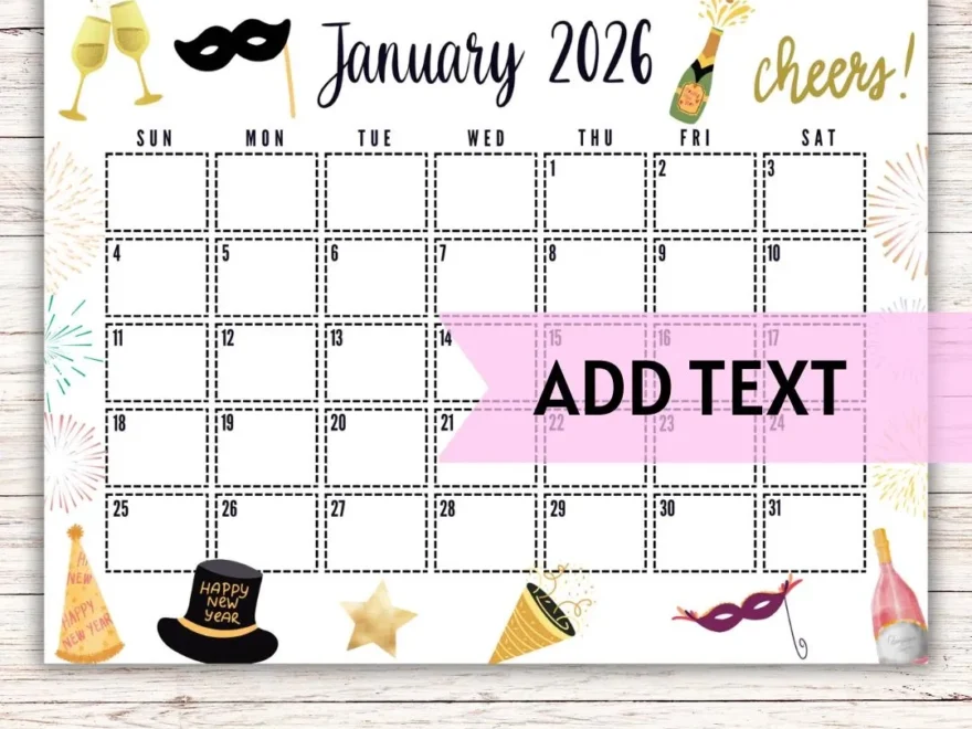 EDITABLE Printable January 2026 Calendar Gold Themed New Year s Day Calendar W Pink Champagne And Fireworks Holiday Calendar Fillable Etsy