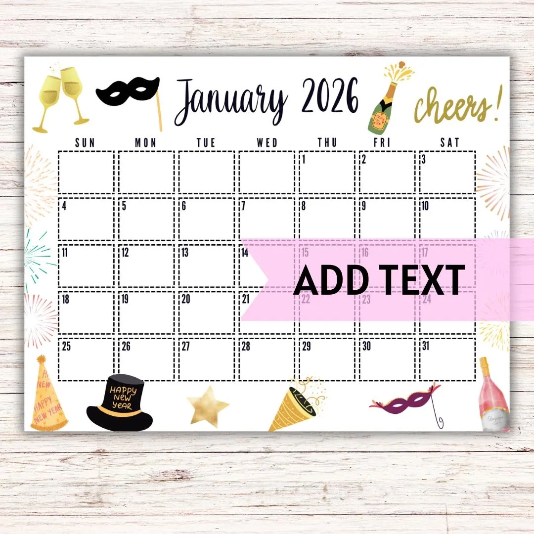 EDITABLE Printable January 2026 Calendar Gold Themed New Year s Day Calendar W Pink Champagne And Fireworks Holiday Calendar Fillable Etsy